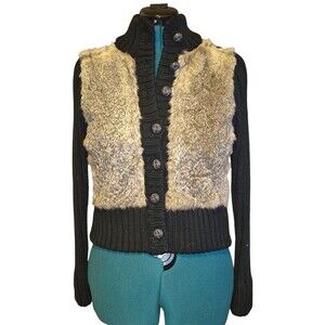 TwoPercent Vintage Women's Wool Blend Knit Leather Button Sweater Faux Fur Med
